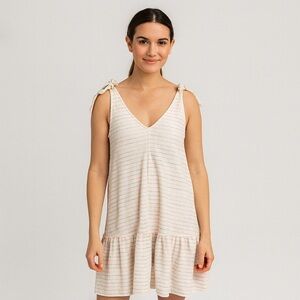 LOFT Bow Strap Button Front Linen Stripes Flounce Dress Ivory Multi-Color Medium